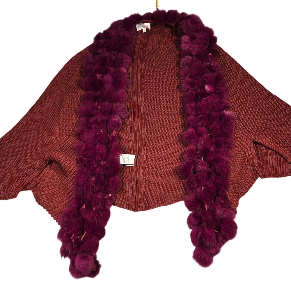 Emma G Burgundy Wool Blend Rib Knit Cardigan Dyed Rabbit Fur Trim Women Medium